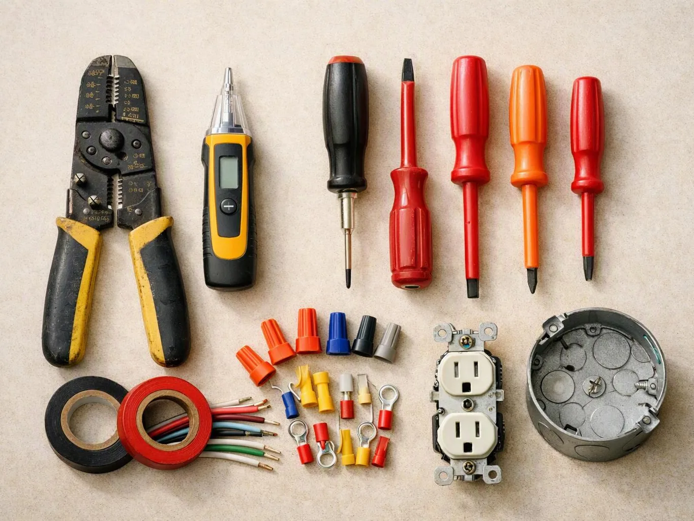 Assorted electrical tools, wire rolls, connectors, a duplex outlet, and a metal junction box lie neatly on a light surface