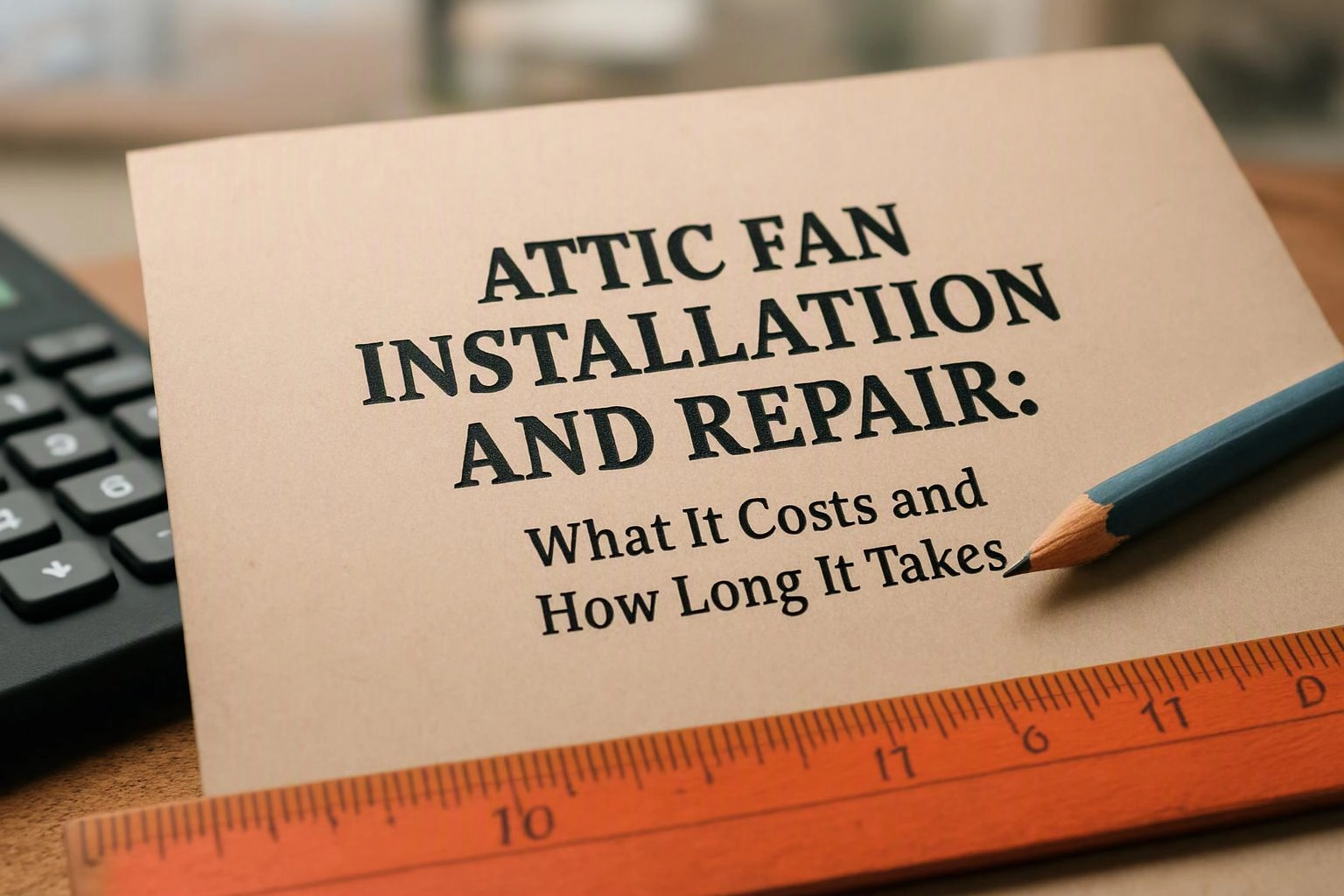 A paper card on a desk shows attic fan installation and repair text beside a pencil, ruler, and calculator