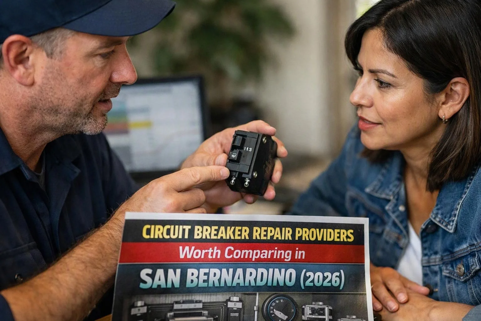 A man shows a circuit breaker part to a woman, with a printed repair comparison flyer in front of them