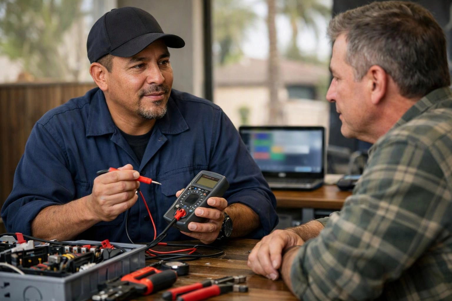 Two men talk at a workbench while one holds a multimeter and test probe, with tools and a laptop behind them