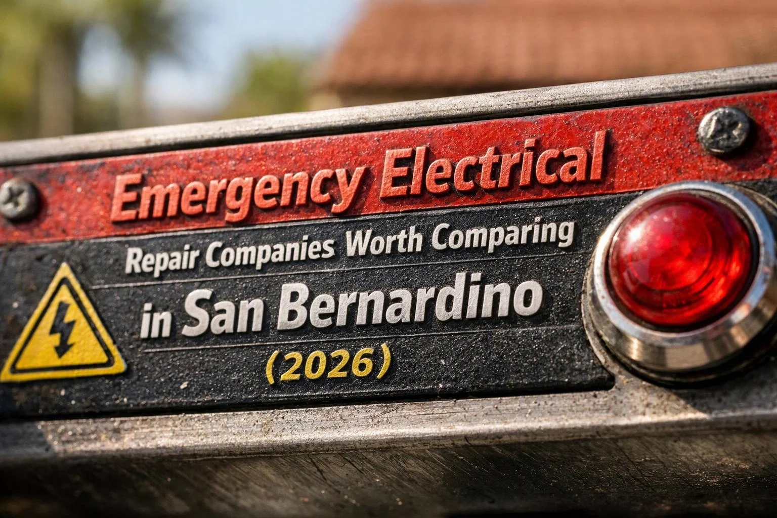 A metal electrical panel shows warning text and a glowing red indicator light outdoors