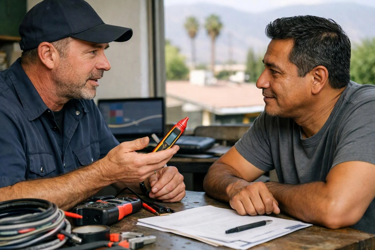 Two men sit at a workbench, one showing a handheld tool while they talk by a window