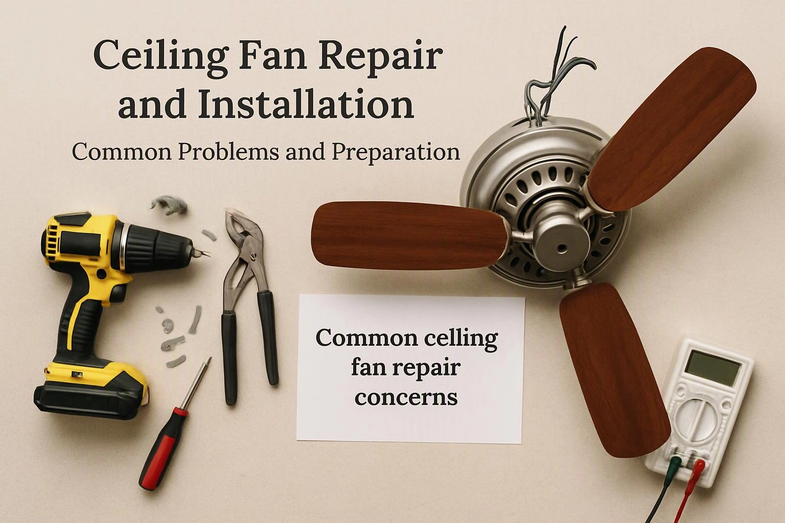 Aerial top-down flat-lay photograph of a clear visual metaphor illustrating what "Ceiling Fan Repair and Installation