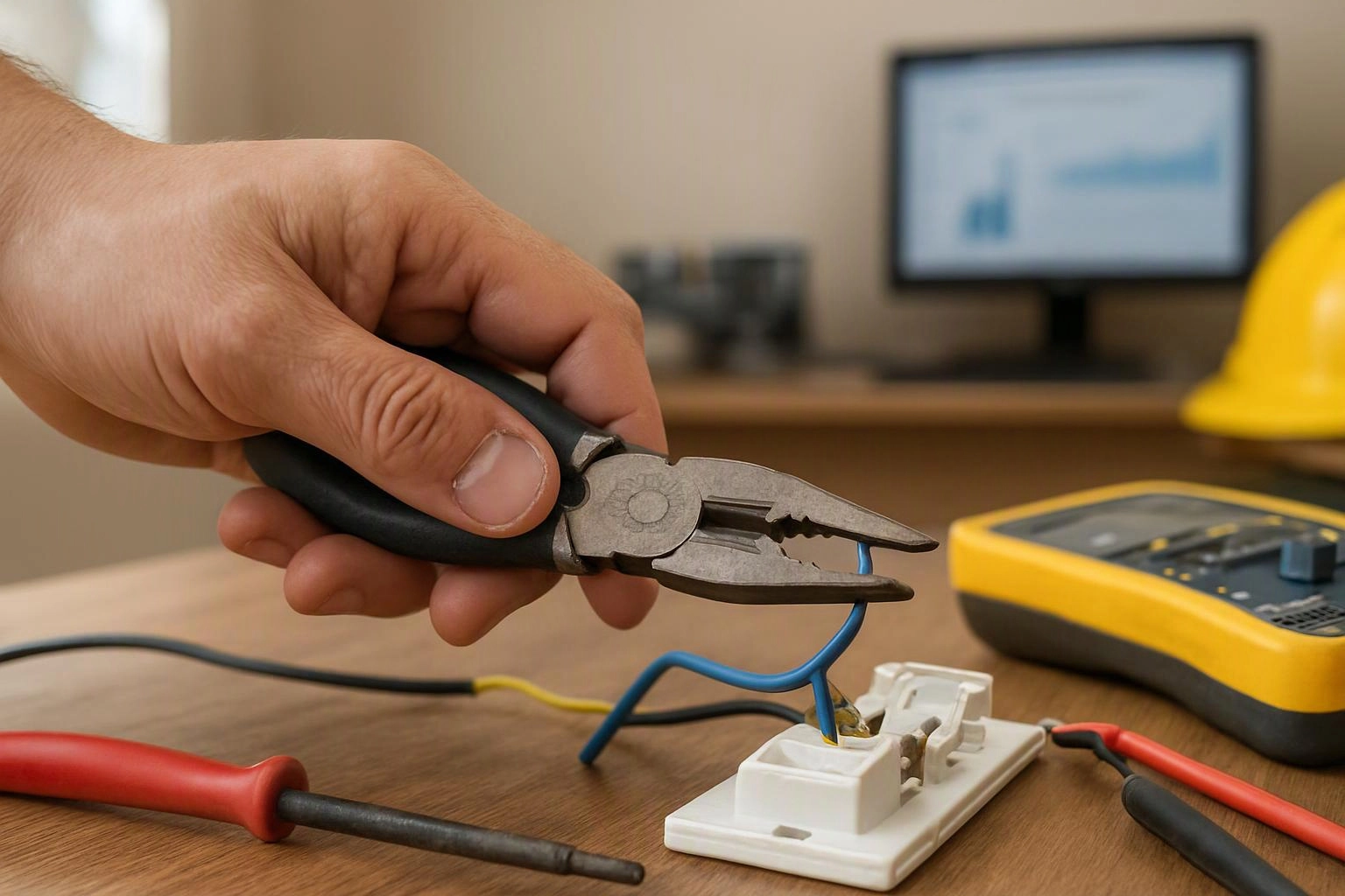 Photograph of a single hand reaching in from the frame edge in close-up documentary detail of tools, materials