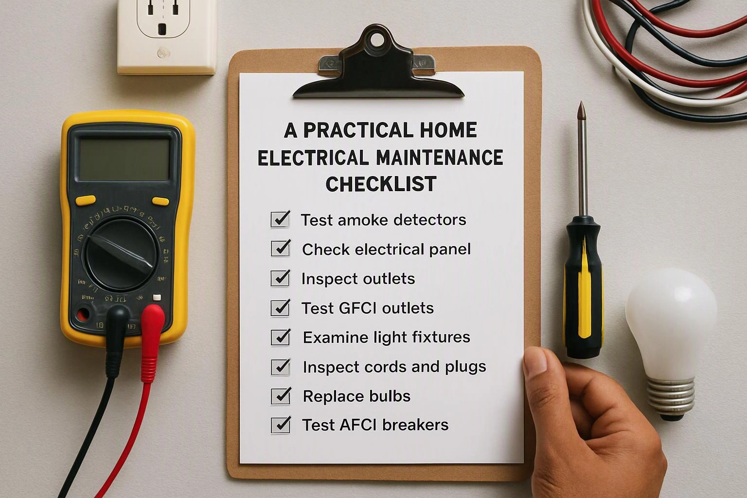 Aerial top-down flat-lay photograph of a clear visual metaphor illustrating what "A Practical Home Electrical Maintenance Checklist" means for 24 Hour Electrician