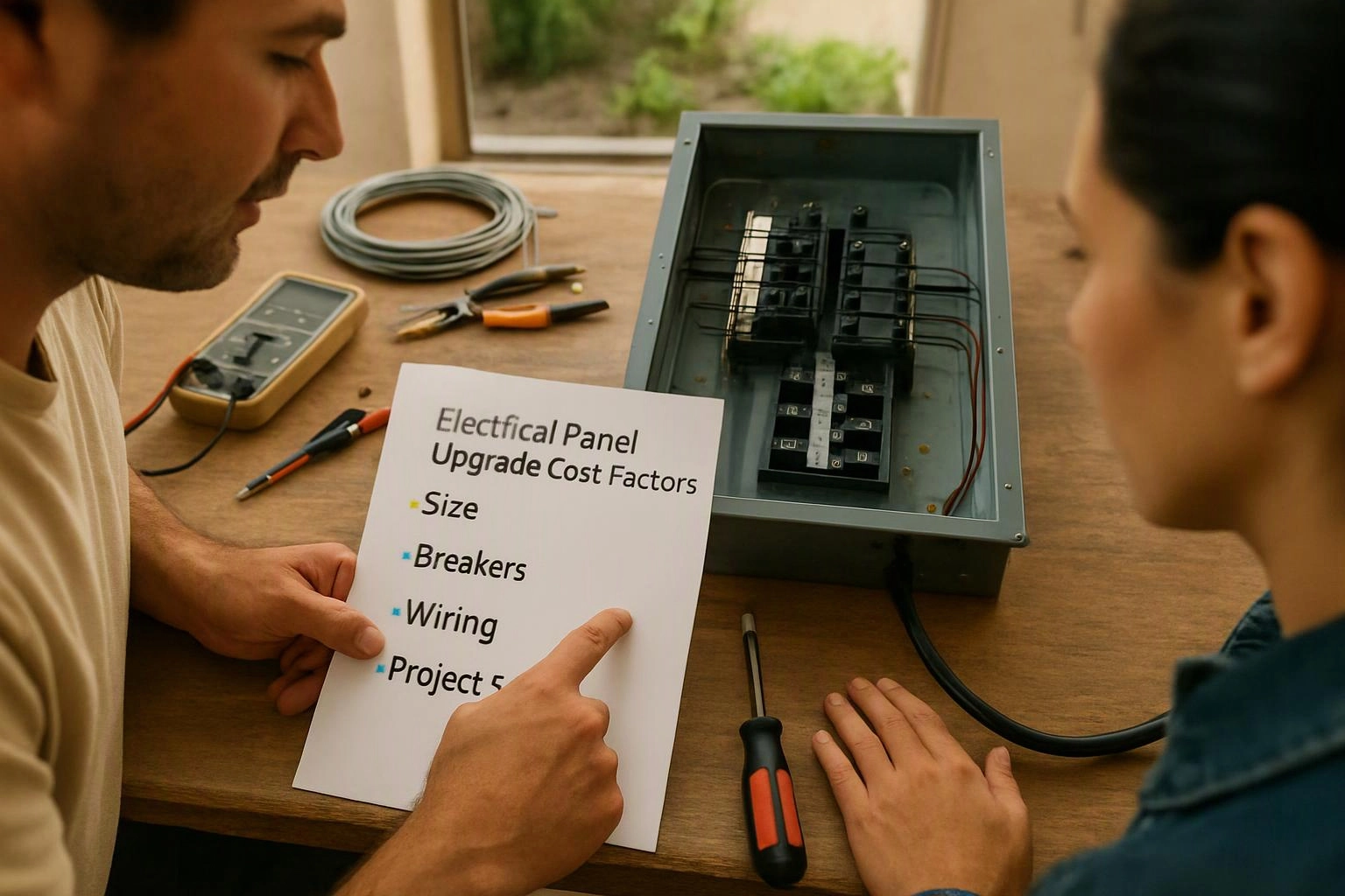 Two people examine an open electrical panel on a wooden table with tools and a cost list sheet