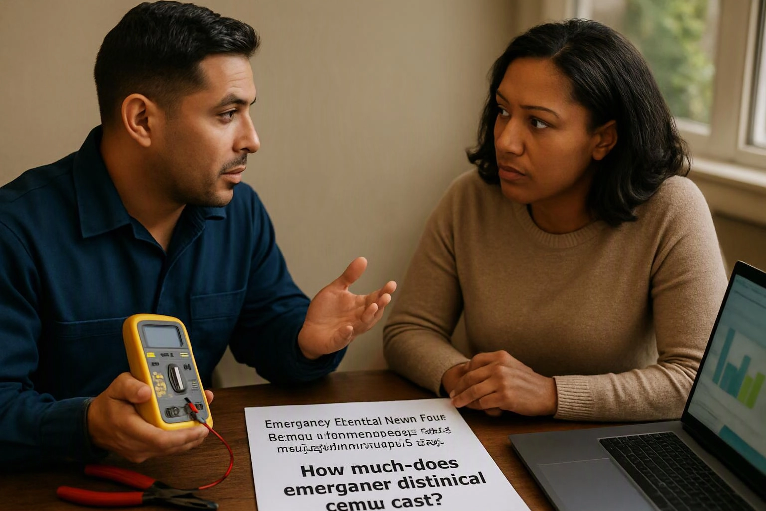 Two-person consultation photograph showing overhead flat-lay of items that represent "Emergency Electrical Repair Cost Factors