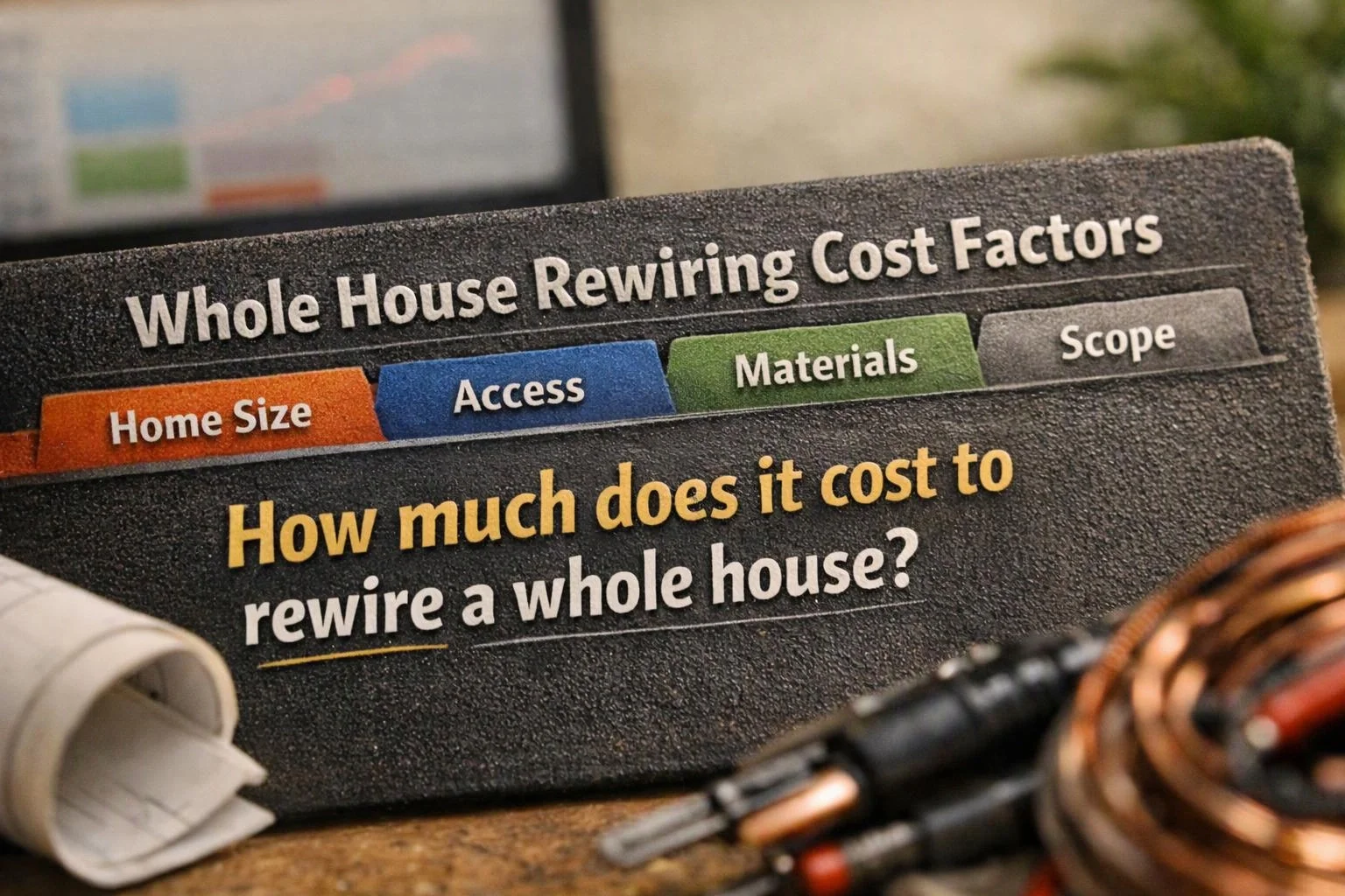 A black sign displays “Whole House Rewiring Cost Factors” and “How much does it cost to rewire a whole house?” with cables in front