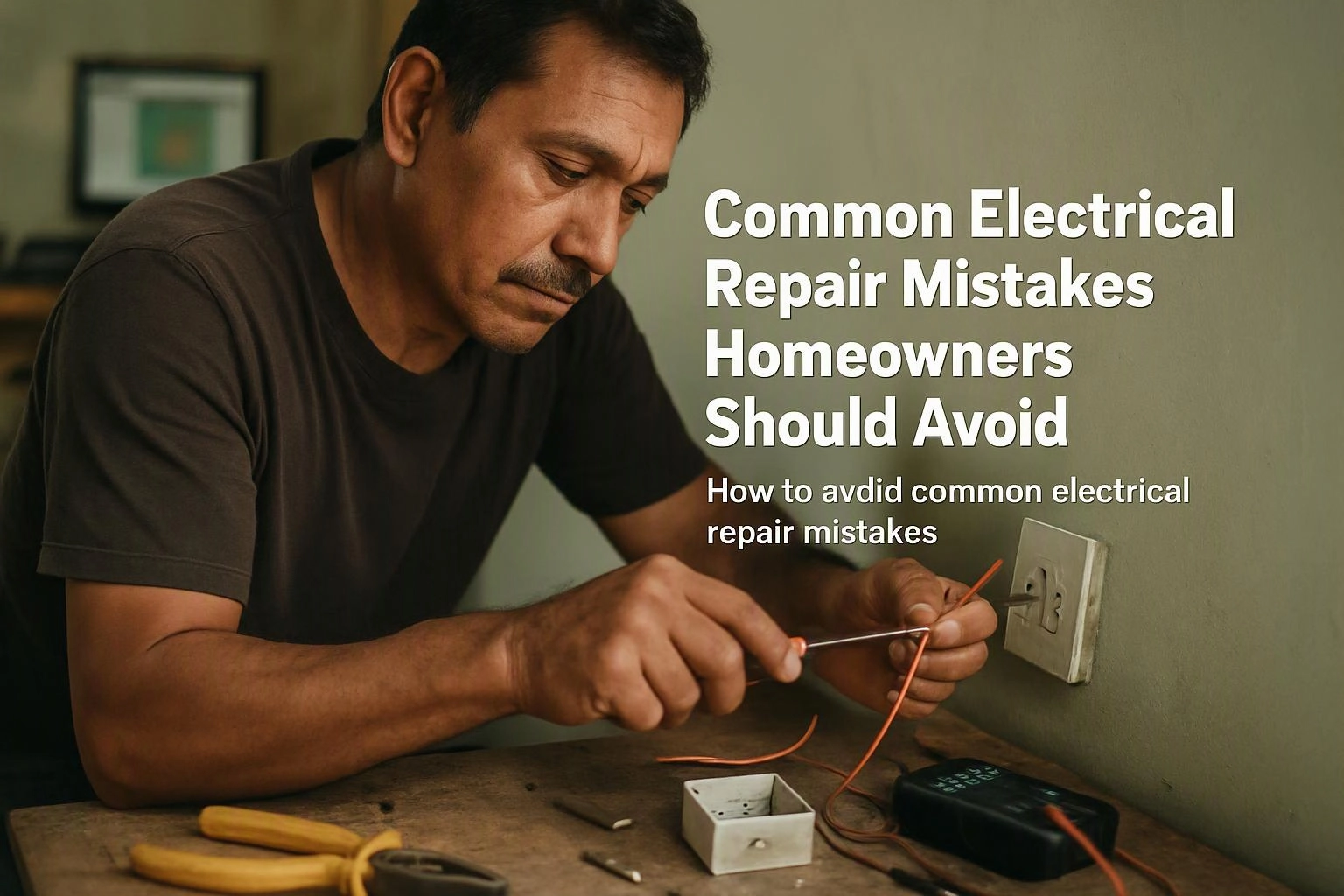 A man works on a wall outlet with a screwdriver at a table, beside text about electrical repair mistakes