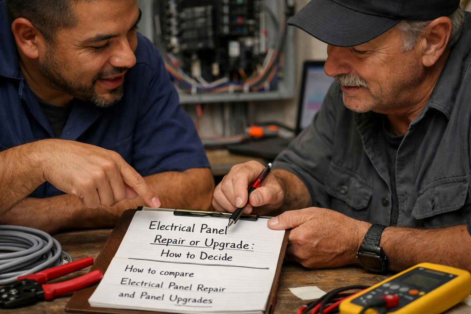documentary-style photograph of environmental still life in a real workspace where "Electrical Panel Repair or Upgrade