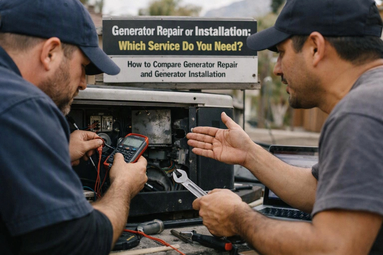 Two technicians inspect an open generator with tools, while a sign above mentions repair or installation services