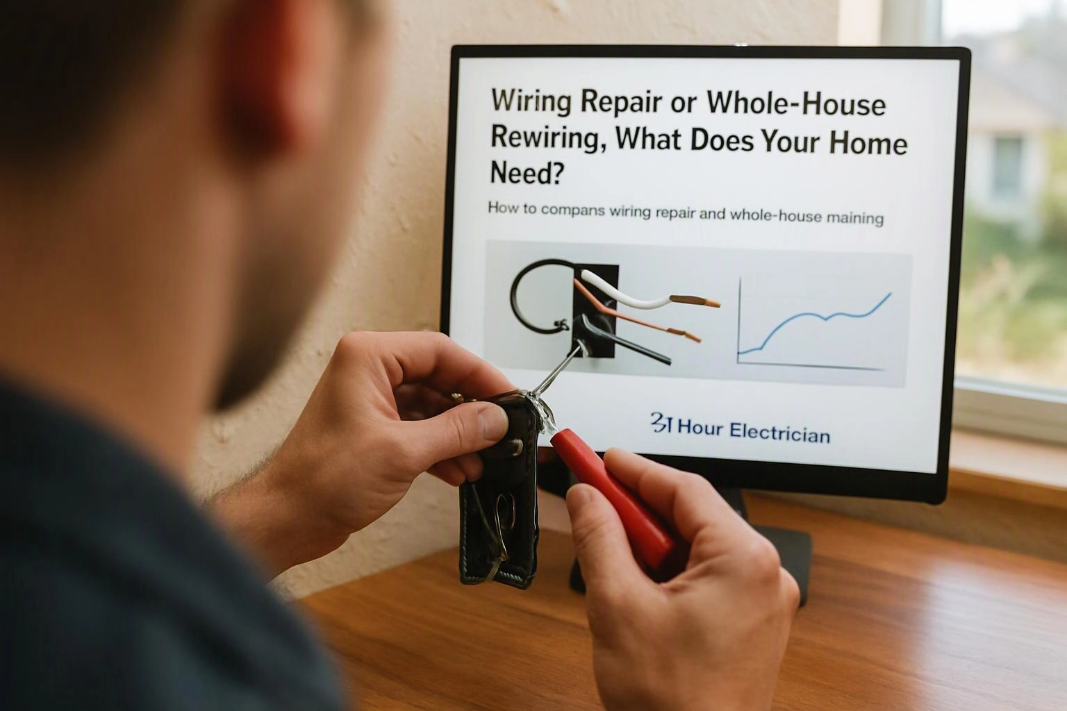 A person repairs a key fob while a computer screen shows an electrical wiring article and diagram
