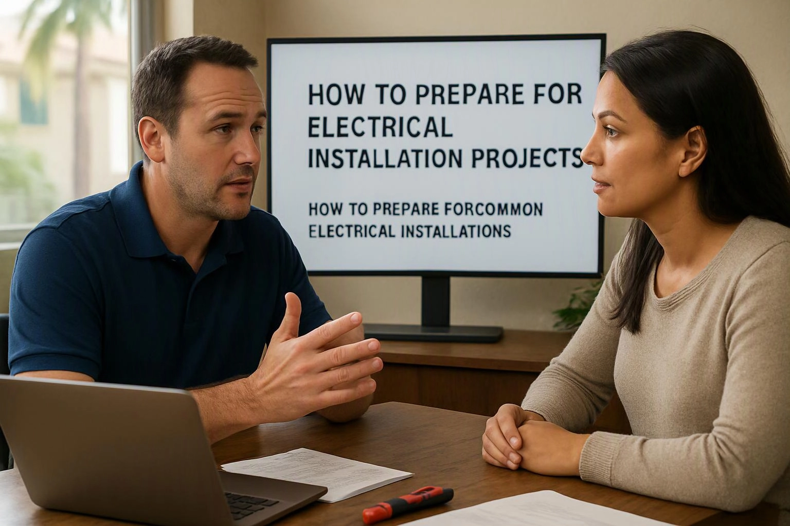 Two-person consultation photograph showing environmental still life in a real workspace where "How to Prepare for Electrical Installation Projects" is planned