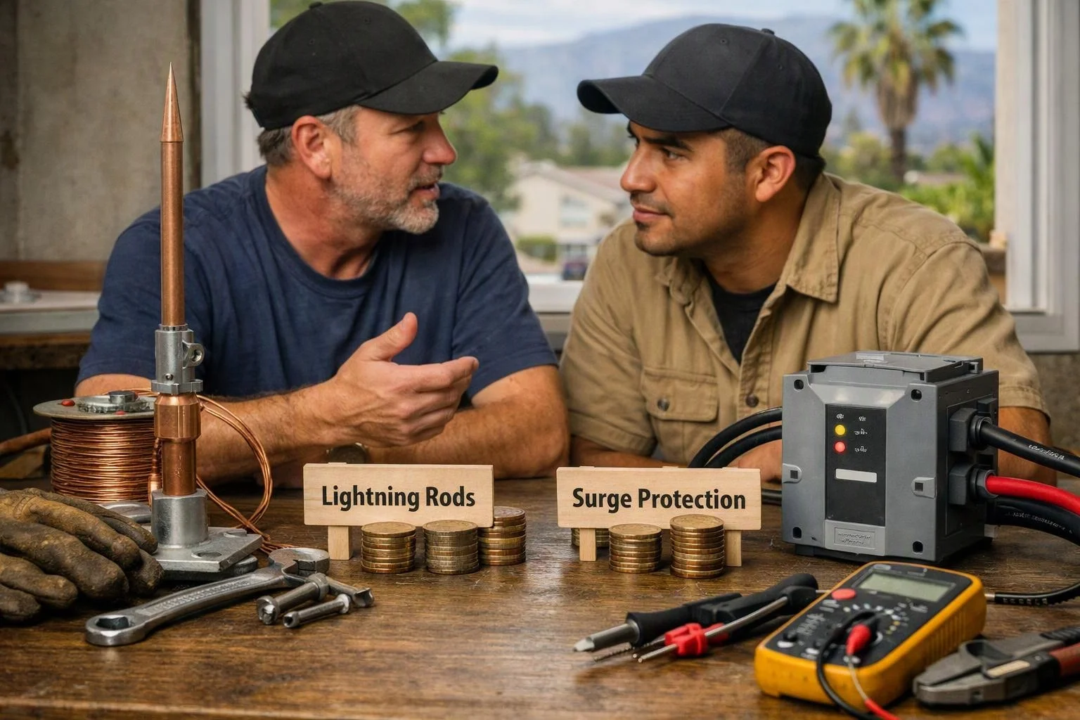 Two men in caps talk at a workbench with lightning protection parts, stacked coins, and testing tools nearby