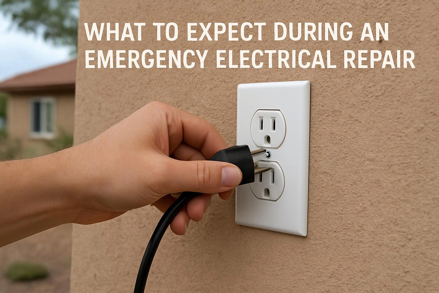 A hand plugs a black cord into a wall outlet beside the text, “WHAT TO EXPECT DURING AN EMERGENCY ELECTRICAL REPAIR”