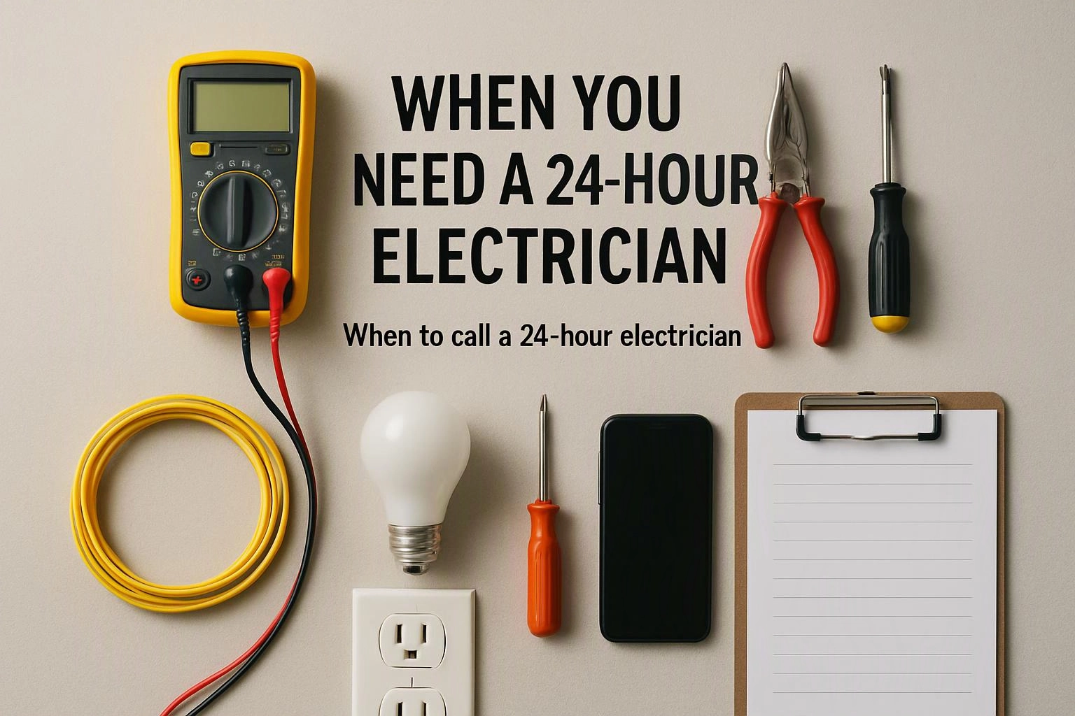 Aerial top-down flat-lay photograph of overhead flat-lay of items that represent "When You Need a 24-Hour Electrician" in a 24 Hour Electrician