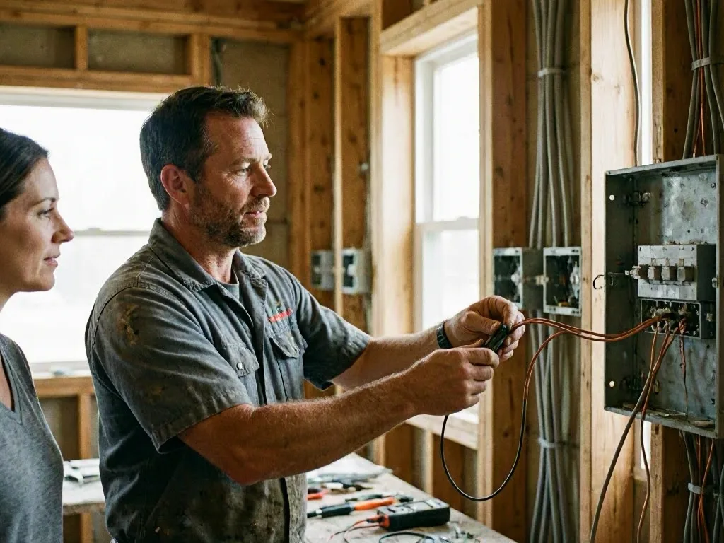 Technician repairing a ceiling light in a shop