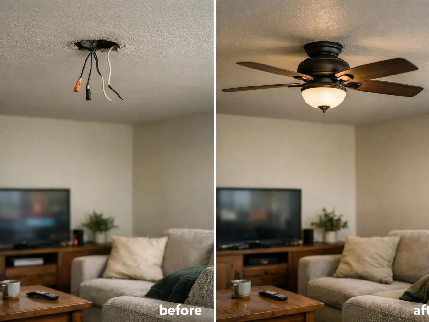 A before-and-after living room shows a bare ceiling wire replaced by a lit ceiling fan
