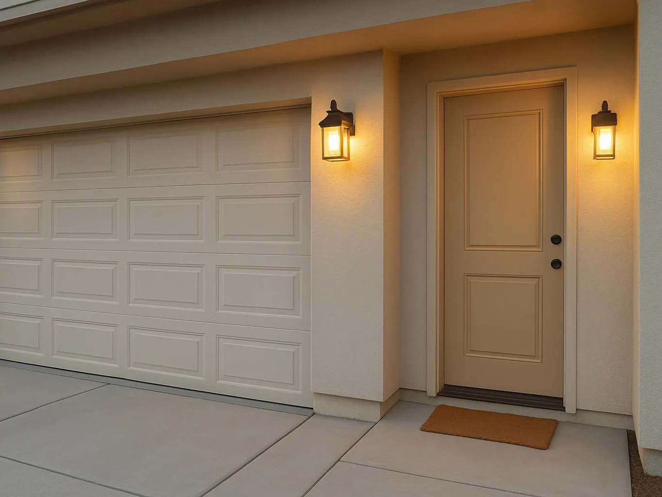 A beige garage door and front entry sit beside lit wall lanterns on a clean driveway