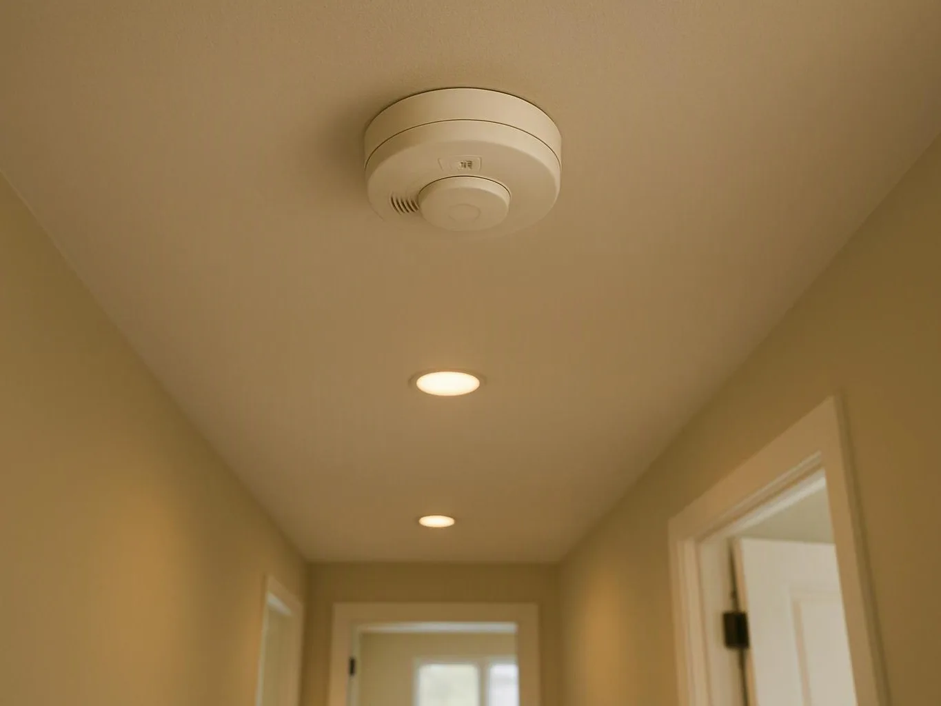 A beige hallway ceiling shows a smoke alarm and recessed lights above open doorways