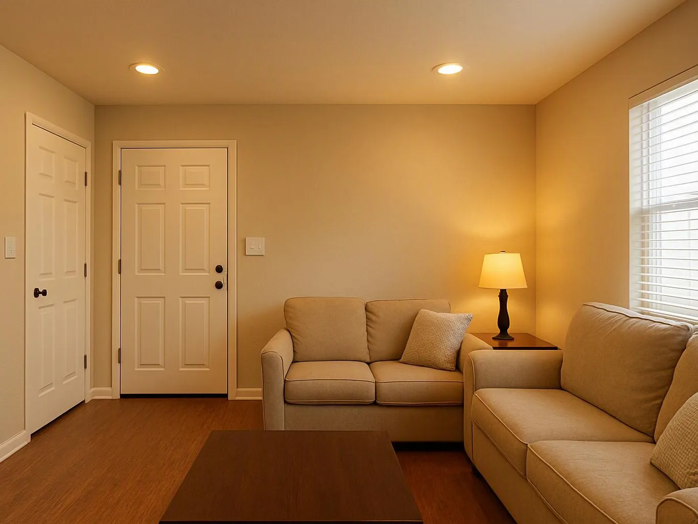 A beige living room shows two sofas, a coffee table, a lit lamp, and a window with blinds