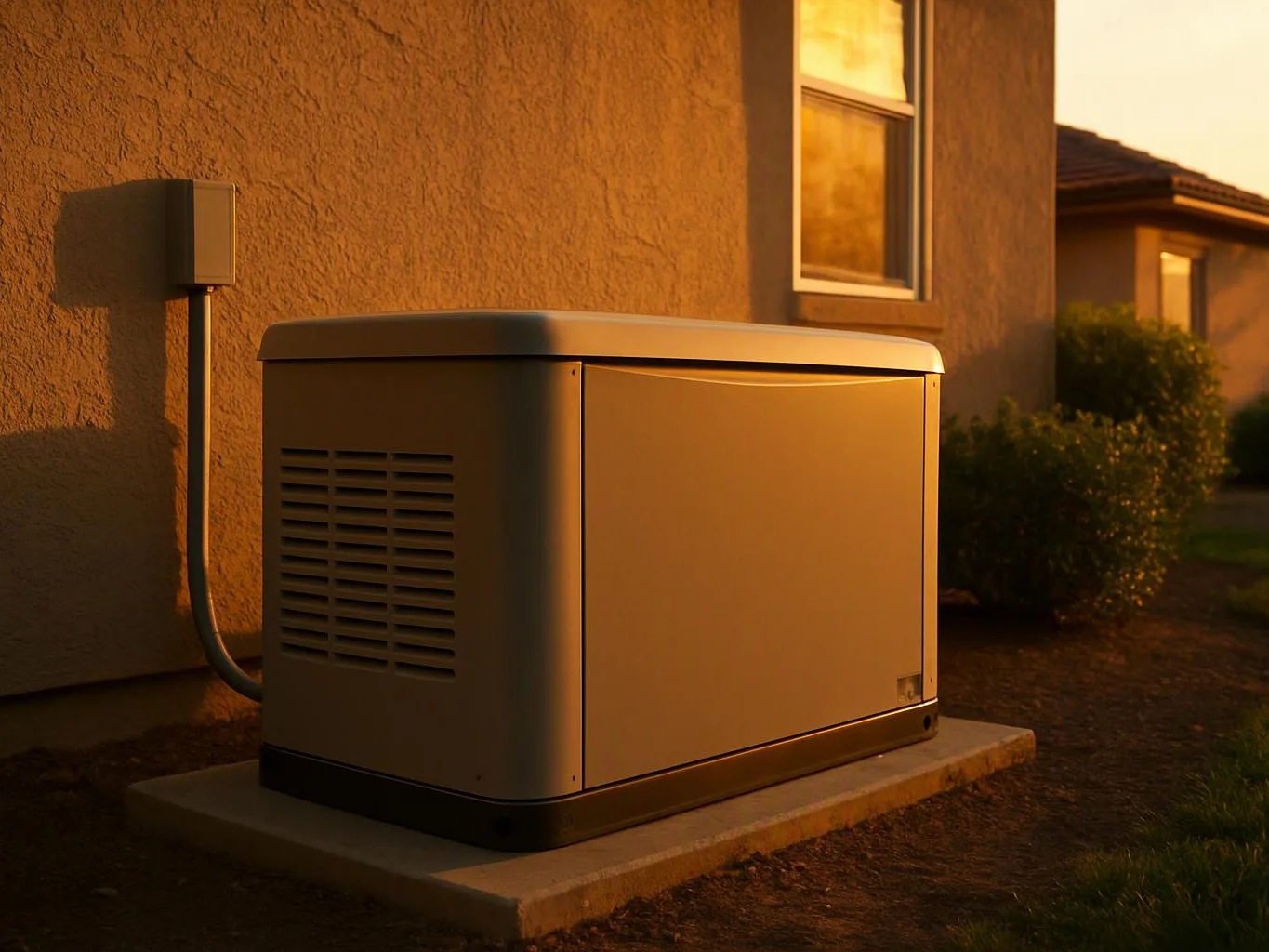 A beige outdoor generator sits on a concrete pad beside a stucco house at sunset