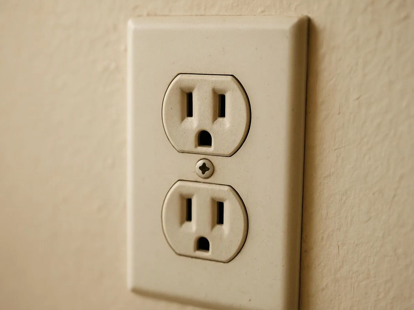 A beige wall outlet with two sockets sits on a painted wall, close up