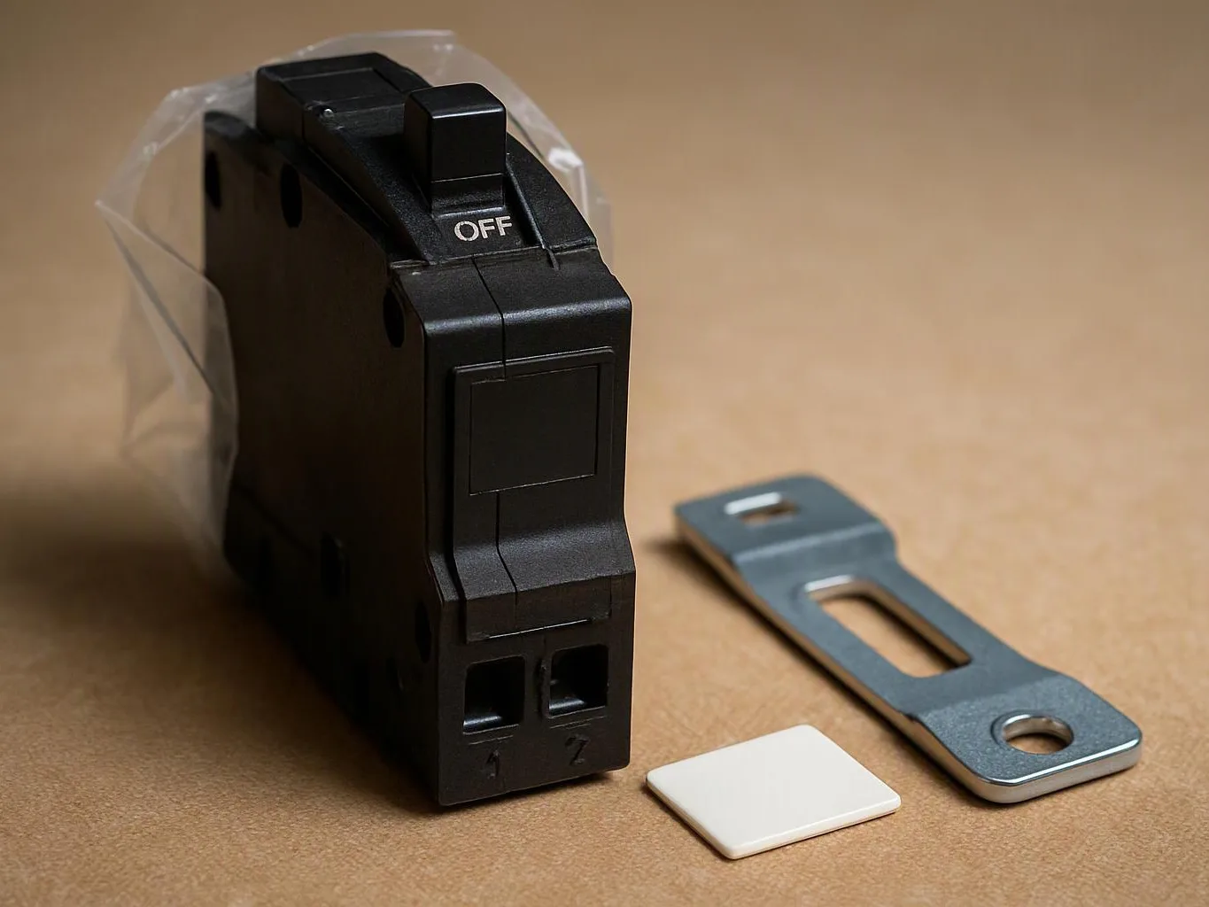 A black electrical breaker sits on cardboard beside a metal mounting bracket and a small white cover piece