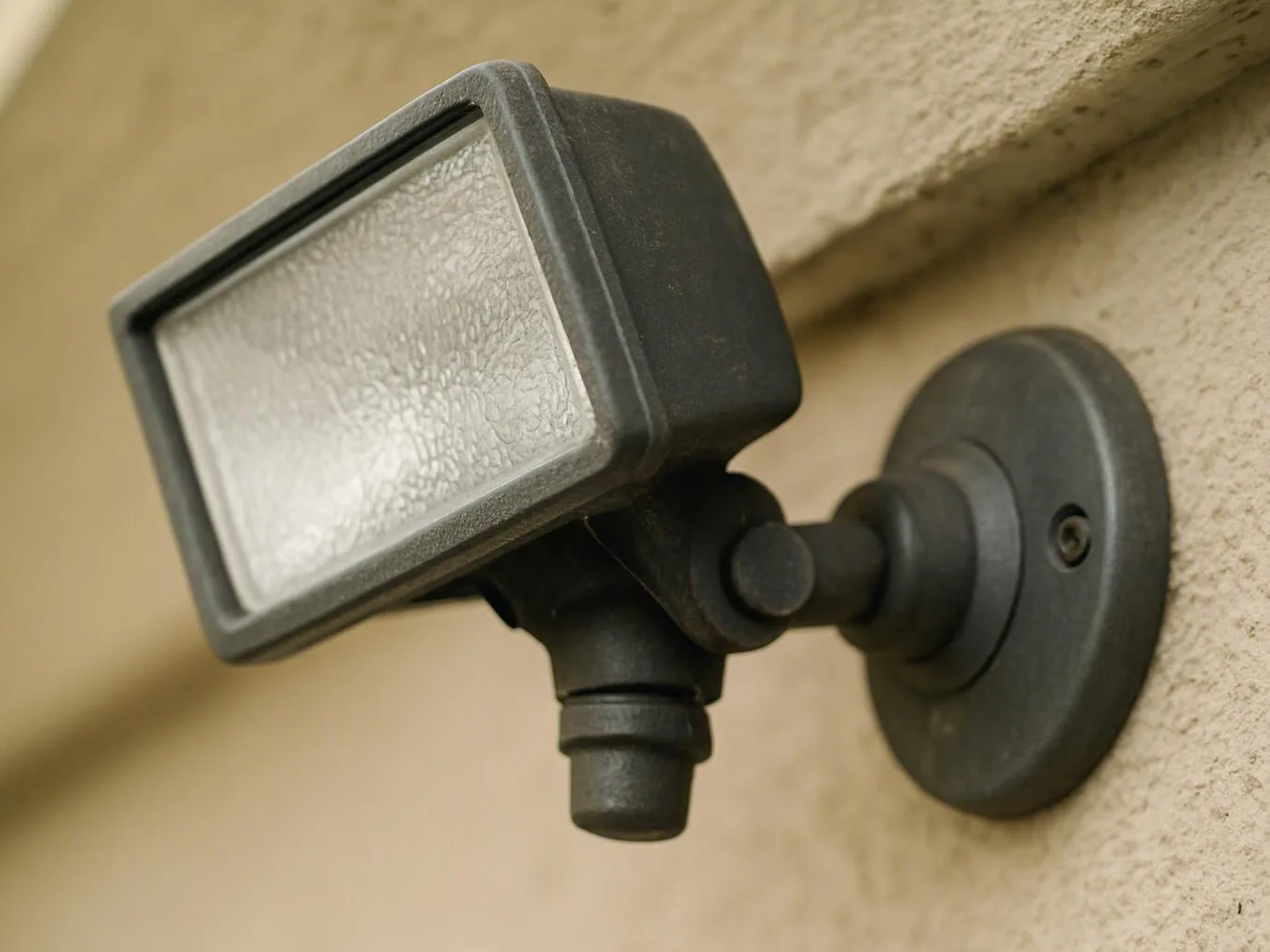 A black outdoor floodlight is mounted on a beige stucco wall, angled downward