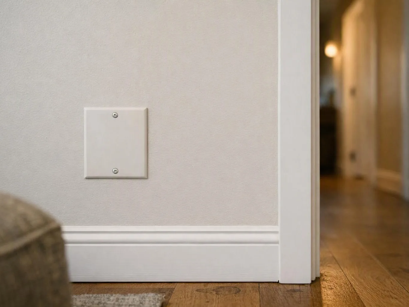 A blank wall with a white cover plate sits beside an open doorway over wooden flooring