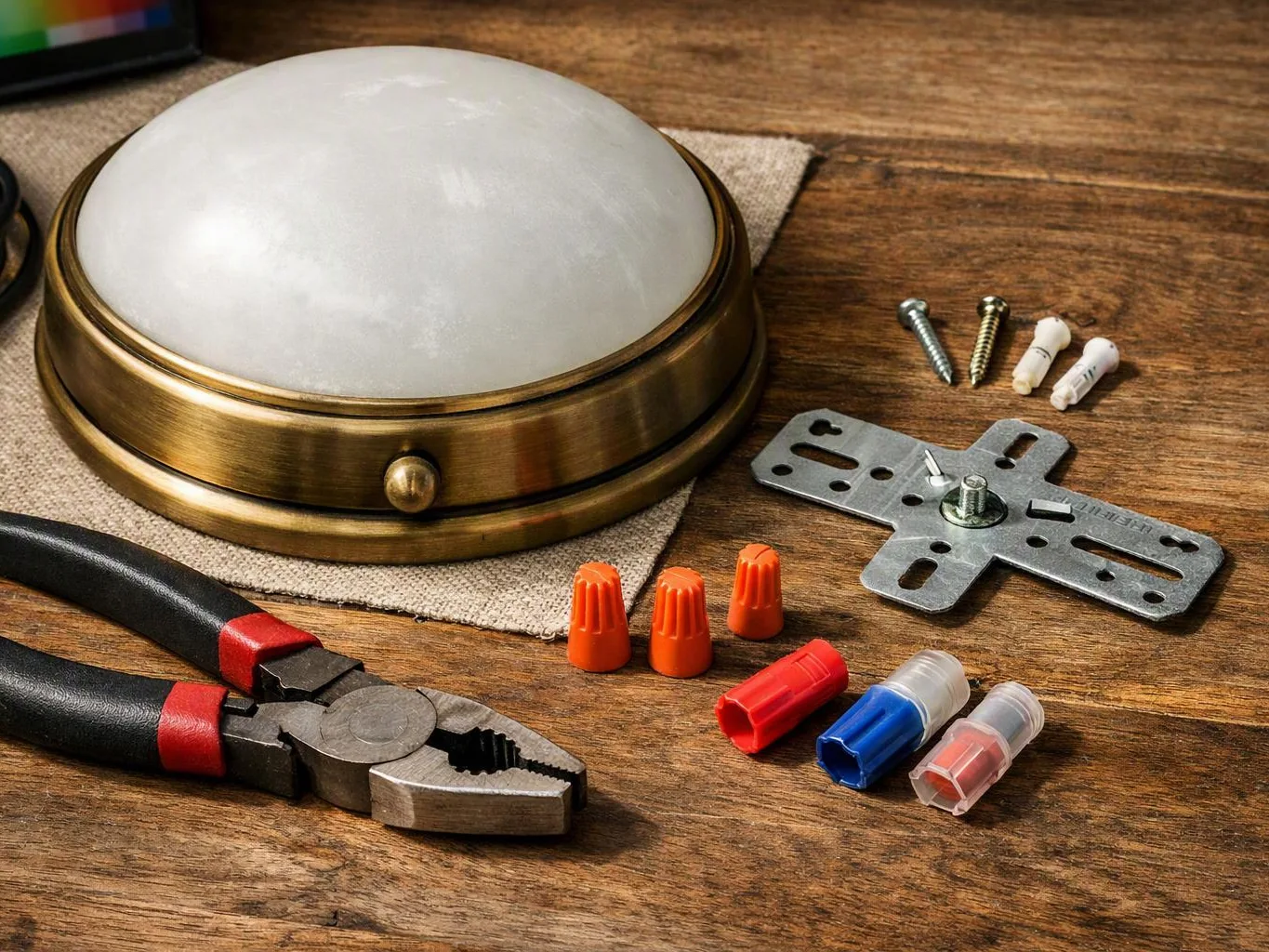 A brass ceiling light fixture sits on a wooden table beside pliers, screws, wire connectors, and a mounting plate