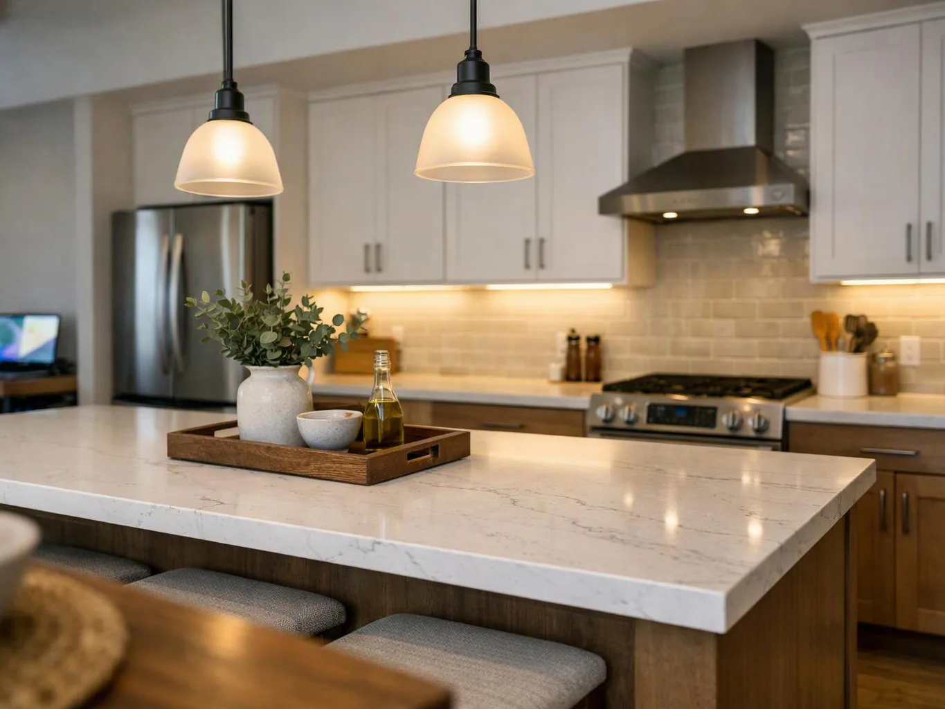 A bright modern kitchen shows a marble island with a tray, pendant lights, white cabinets, and stainless appliances