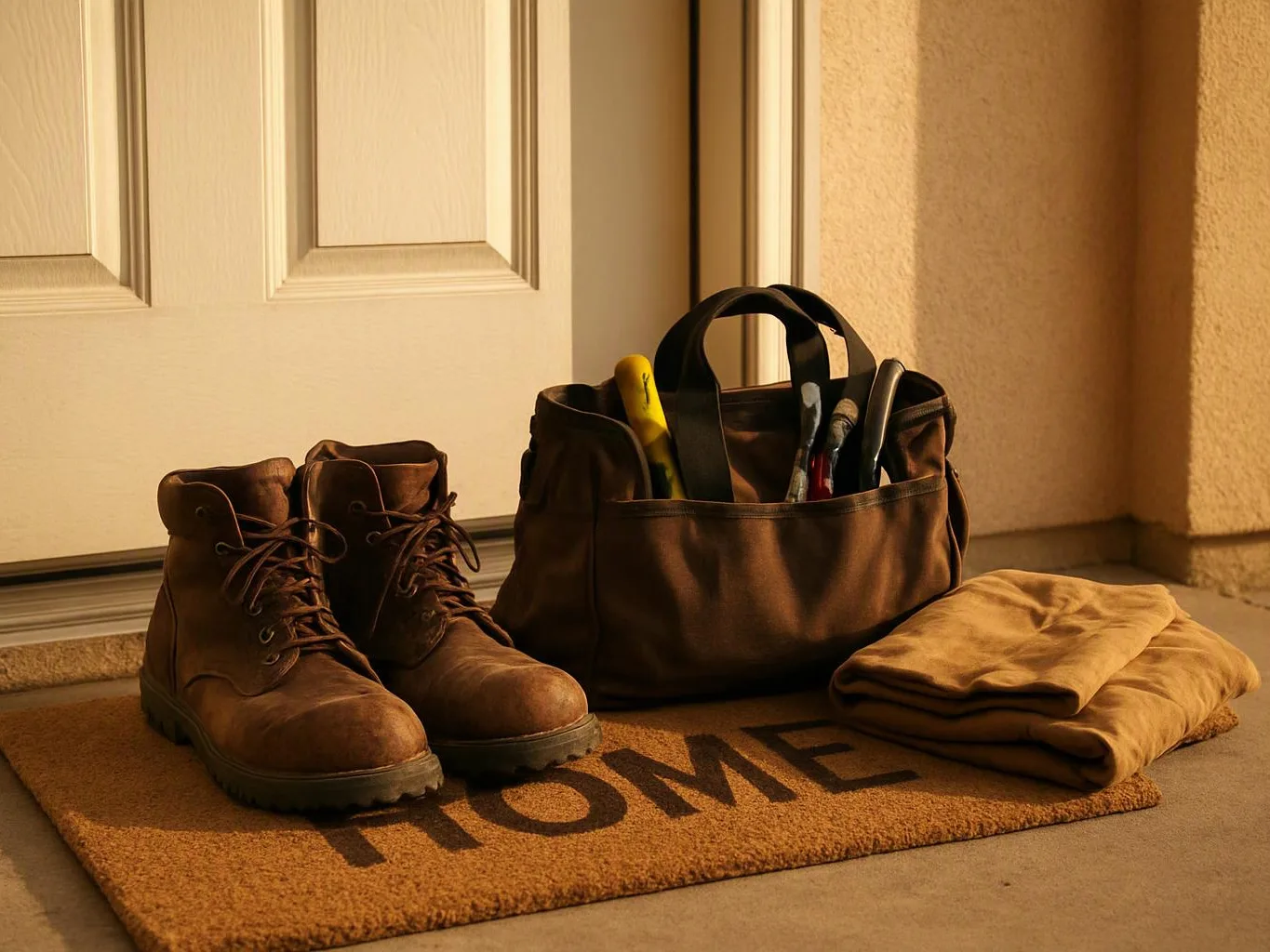 Brown work boots, a tool bag, and folded clothes sit on a doormat beside a closed door