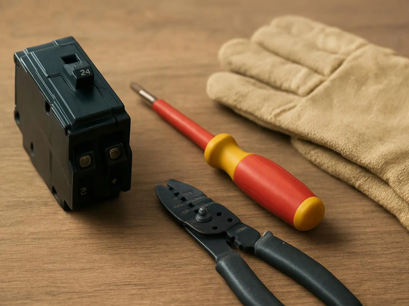 A circuit breaker, screwdriver, wire stripper, and work gloves rest on a wooden table