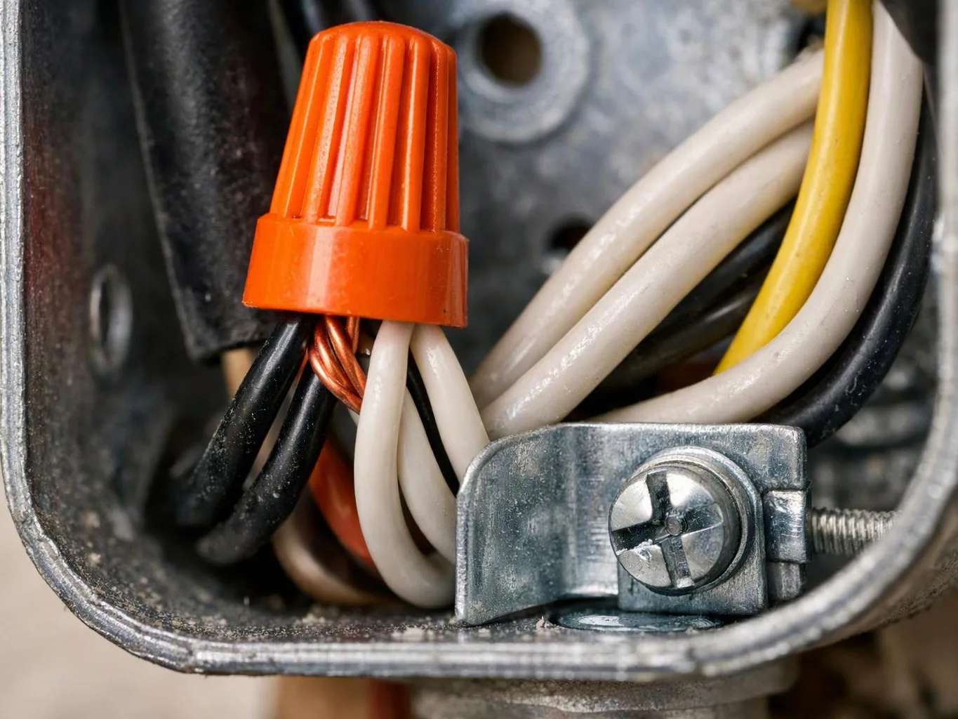 Close-up of bundled electrical wires joined by an orange wire nut inside a metal junction box