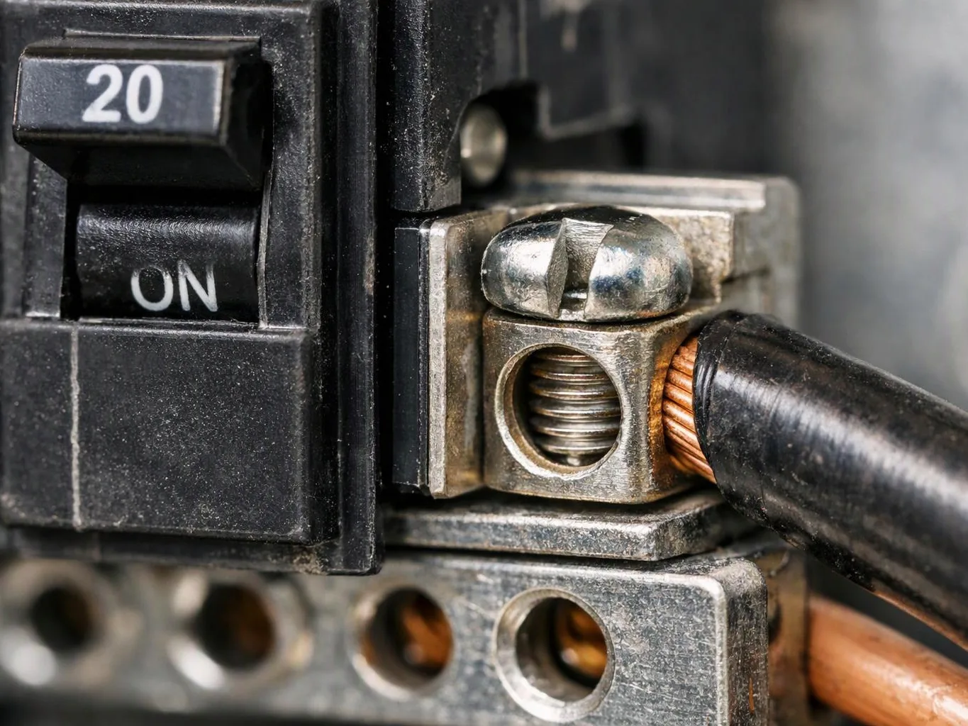 Close-up of a circuit breaker with a black cable clamped into a metal terminal block