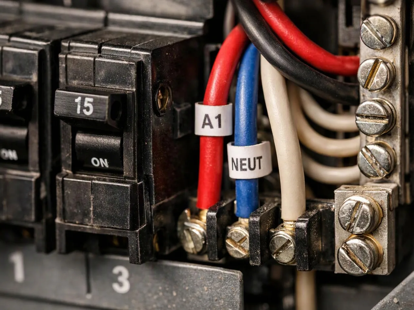 Close-up of an electrical breaker panel with colored wires and screw terminals inside a metal box