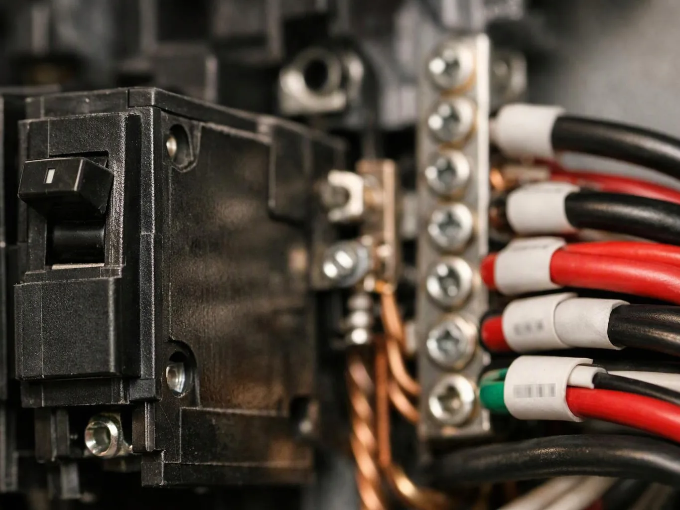 Close-up of an electrical panel with a black breaker, screw terminals, and bundled red, black, and copper wires