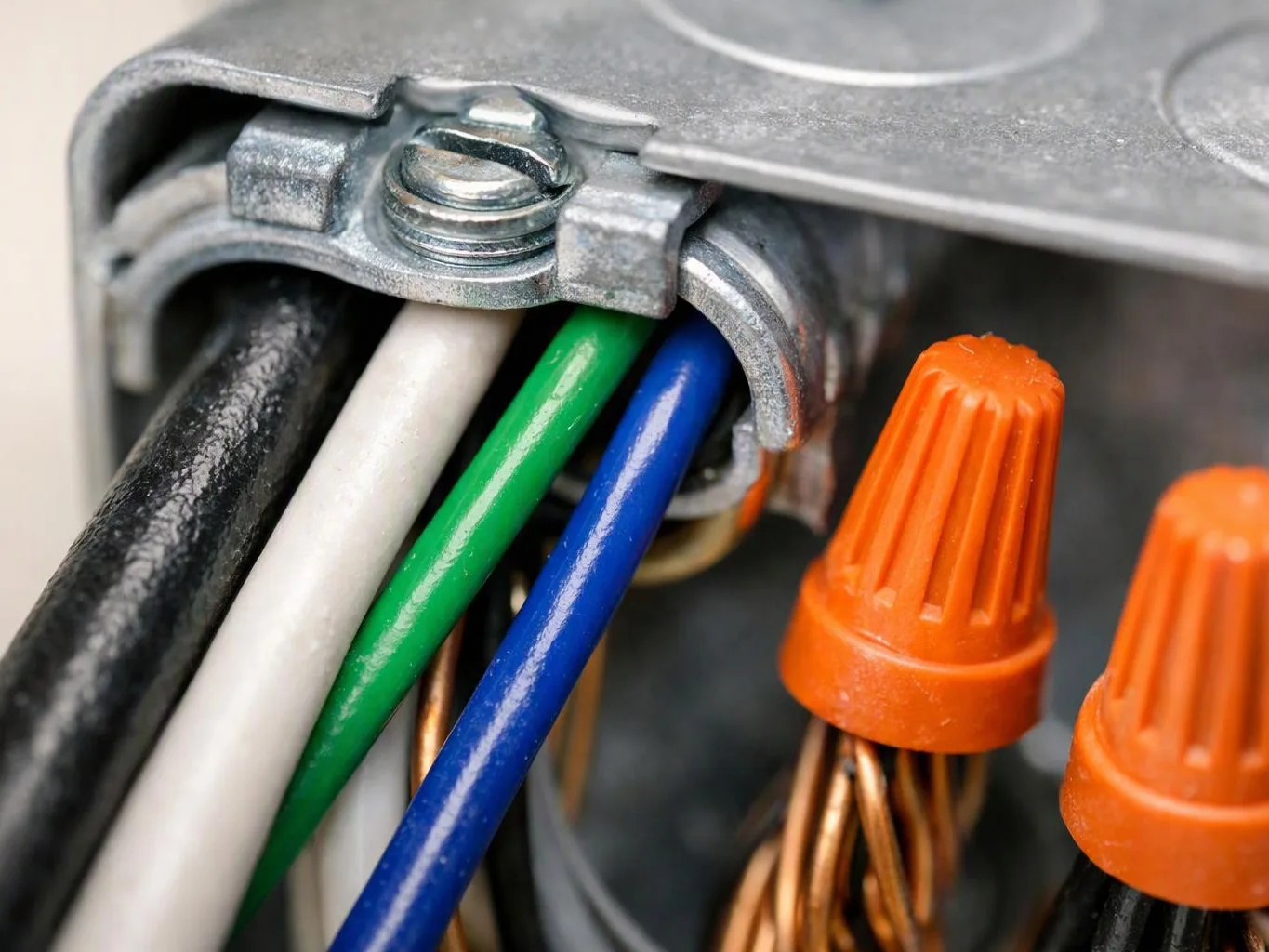 Close-up of electrical wires entering a metal junction box beside orange wire connectors