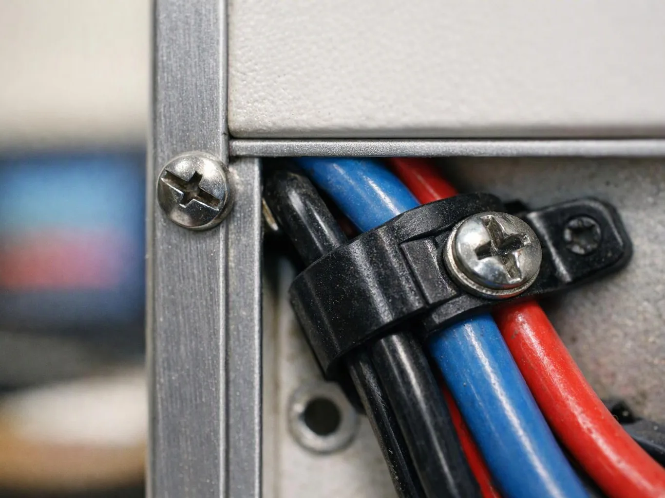 Close-up of red, blue, and black wires secured by a black clamp inside a metal panel