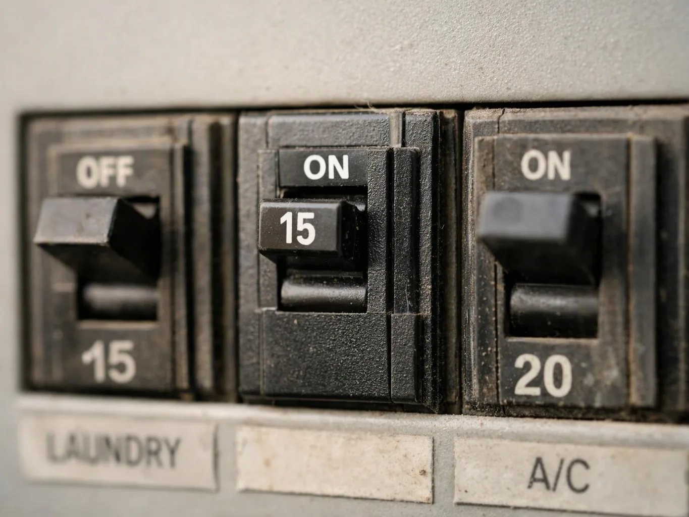 Close-up of three dirty circuit breaker switches, with labels for laundry and A/C visible below