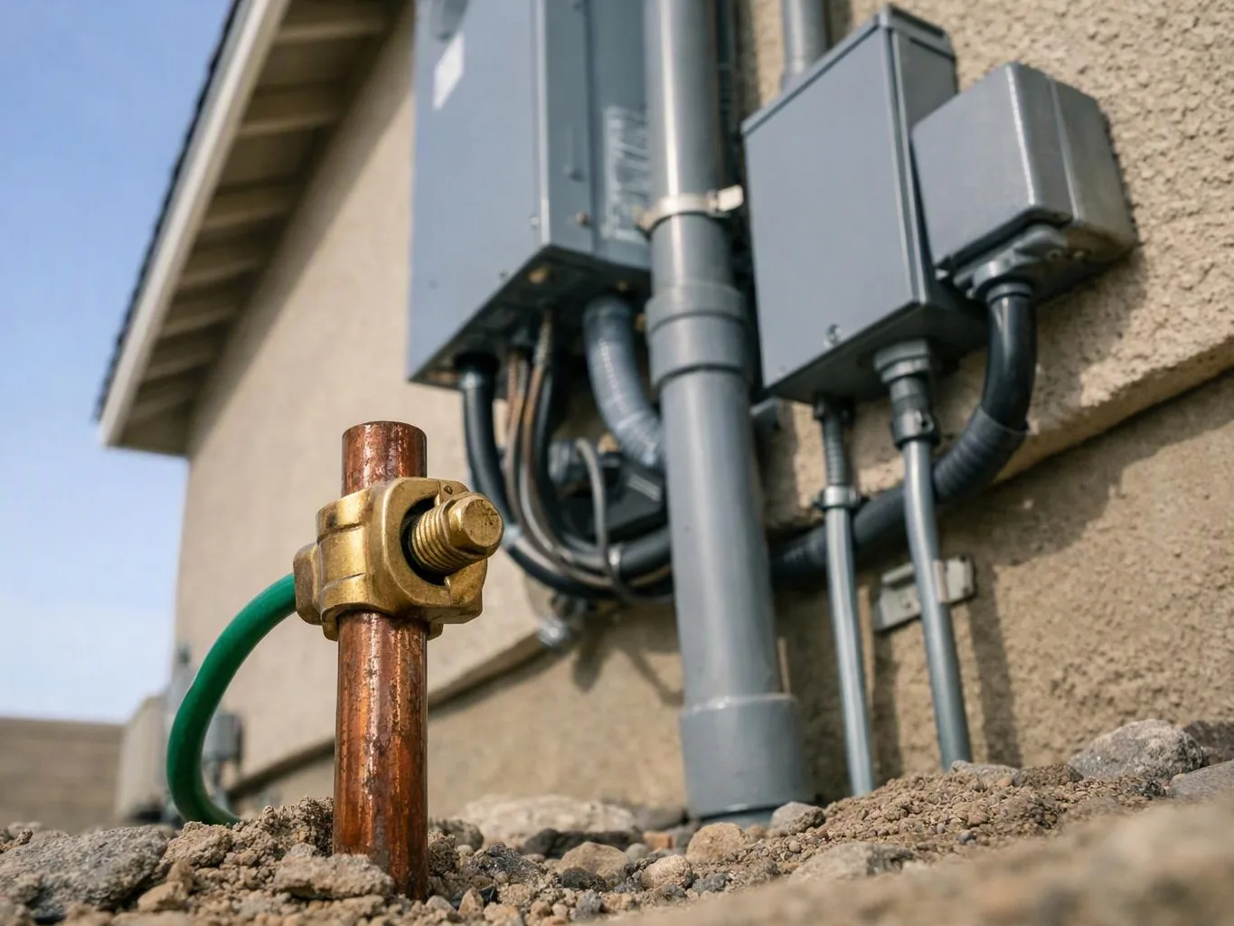 A copper grounding rod with a clamp stands in gravel beside gray electrical boxes on a wall