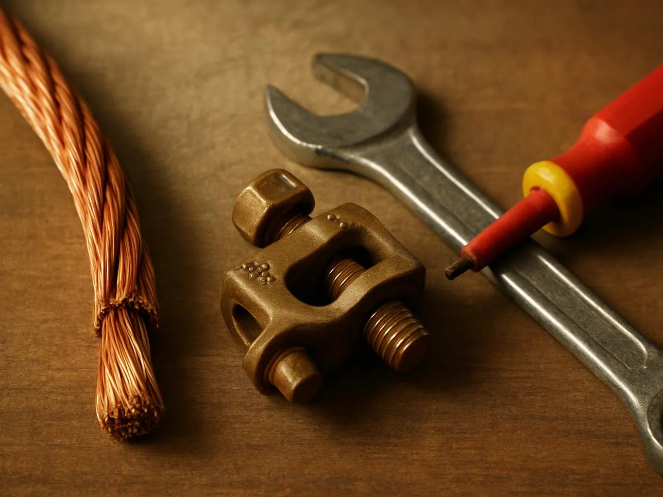 A copper wire strand, wrench, terminal clamp, and red tester sit on a wooden surface