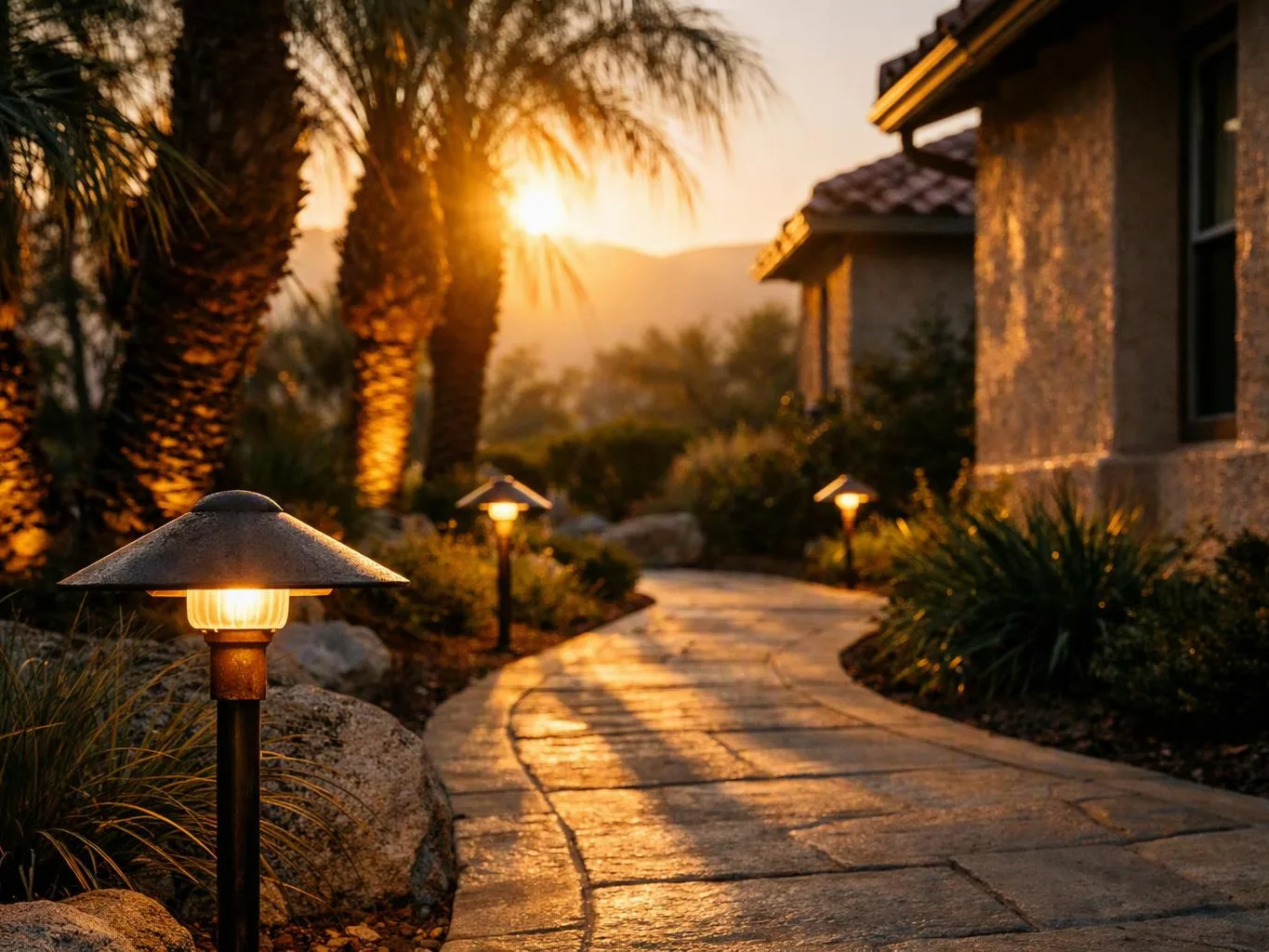 A curved stone path winds past glowing garden lights, palm trees, and a stucco house at sunset