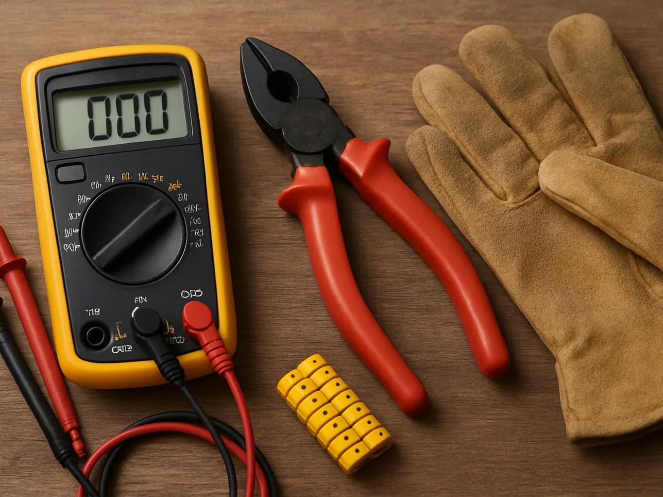A digital multimeter, cutting pliers, work gloves, probes, and yellow wire connectors rest on a wooden surface