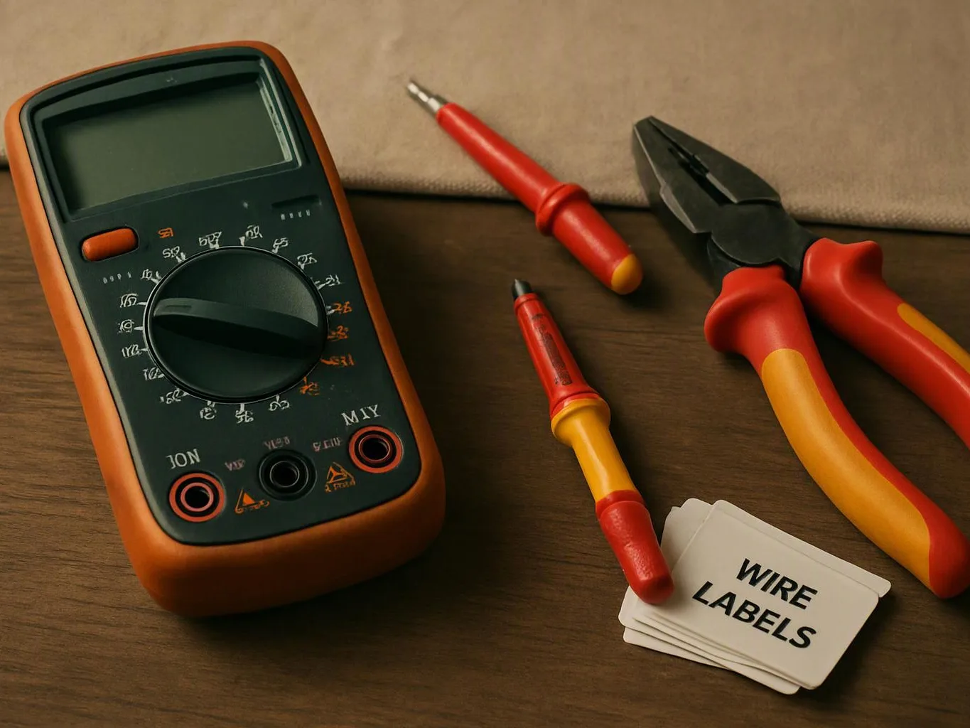 A digital multimeter, pliers, test pens, and wire labels lie on a wooden work surface
