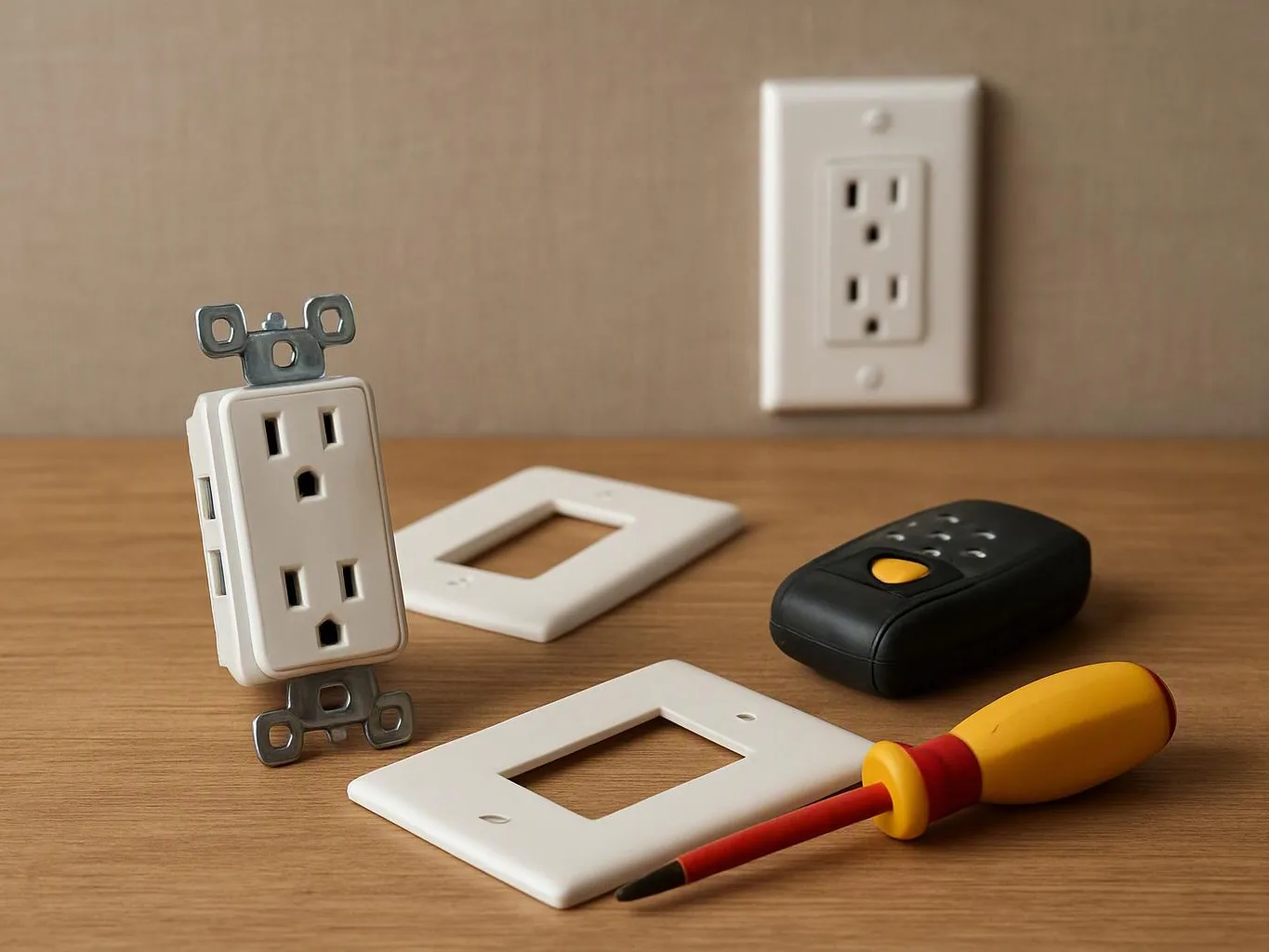 An electrical outlet, faceplates, a screwdriver, and a small remote sit on a wooden table with a wall outlet behind them