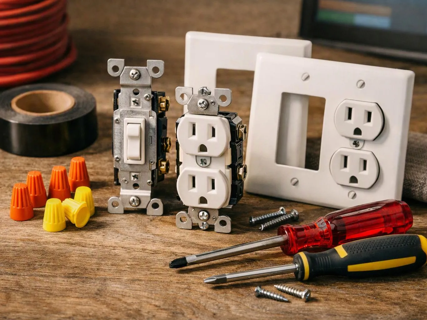 Electrical outlets, a switch, and screwdrivers are arranged on a wooden workbench with wire nuts and screws