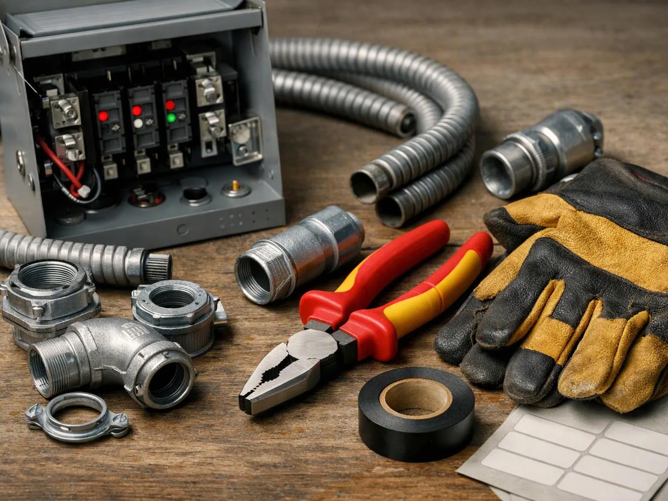 Electrical parts, pliers, gloves, and conduit fittings are laid out on a worn wooden workbench