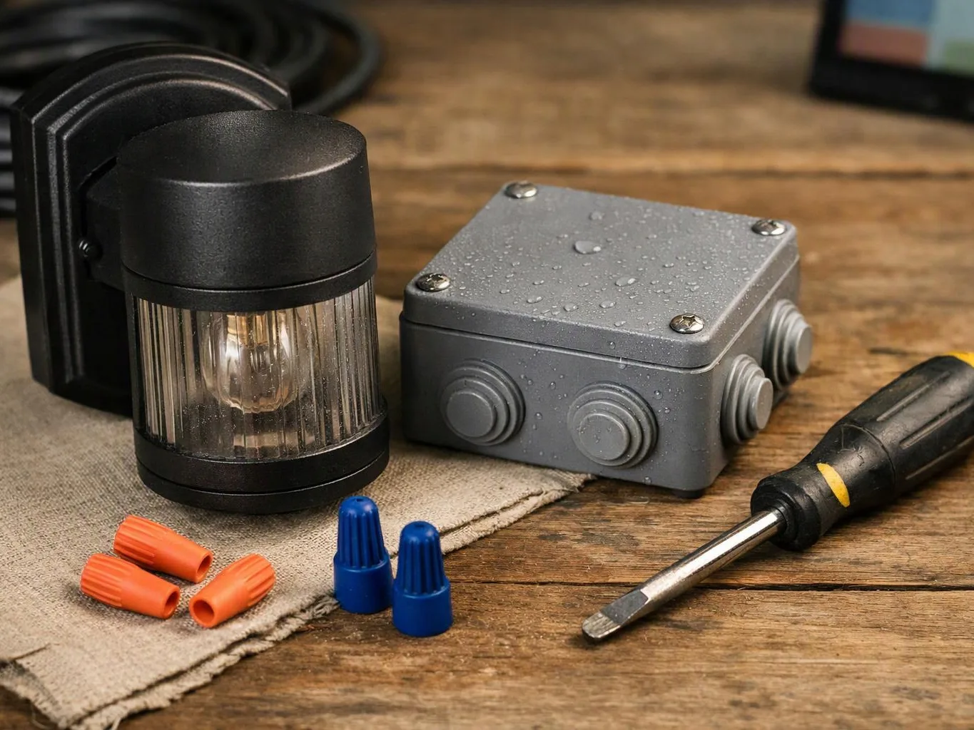 Electrical parts, wire connectors, and a screwdriver sit on a wooden workbench and cloth mat